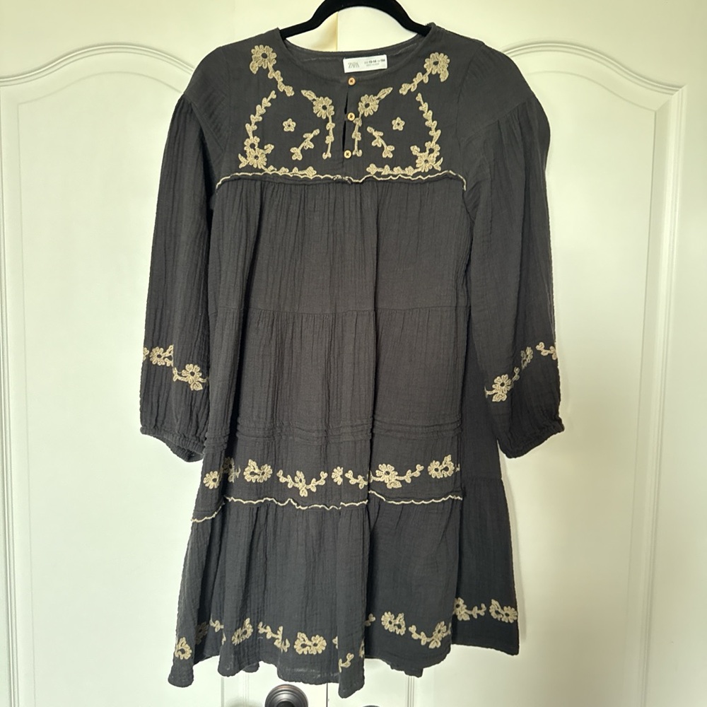 Zara Kids Dress in Charcoal with Cream Embroidery